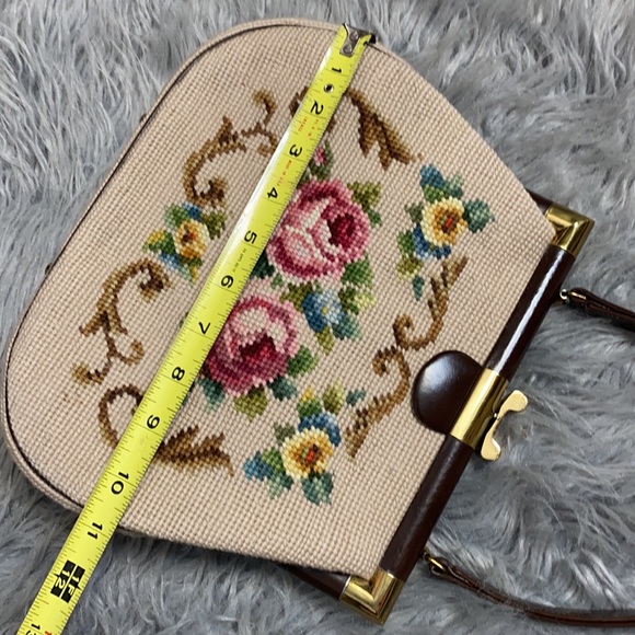 Vintage Floral Needlepoint Clutch with Brown Handle - Picture 8 of 8